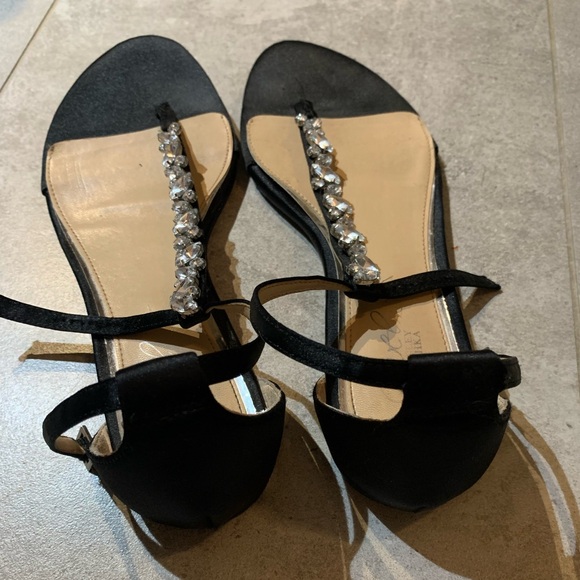 Black T-strap Sandals with Crystal Embellishments - Picture 3 of 3